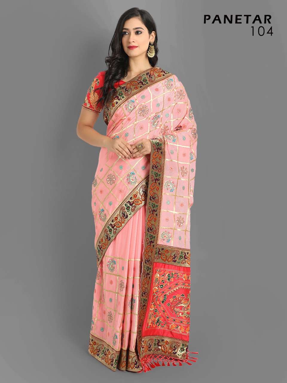 DESIGNER FANCY WEDDING PEACE COLOR PANETAR SILK SAREE EXCLUSIVE COLLECTION 104