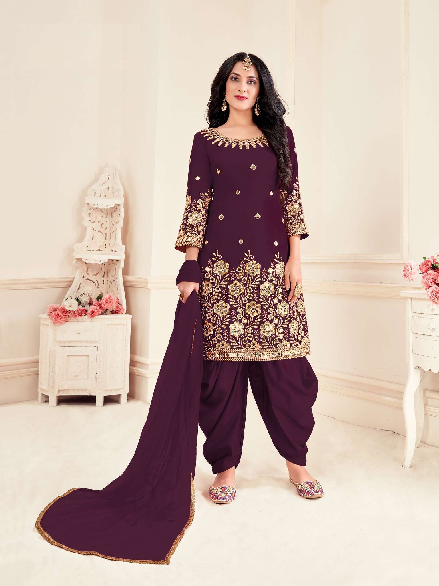 DESIGNER WINE COLOR COTTON PATIYALA SALWAR SUIT NEW DESIGN 6002