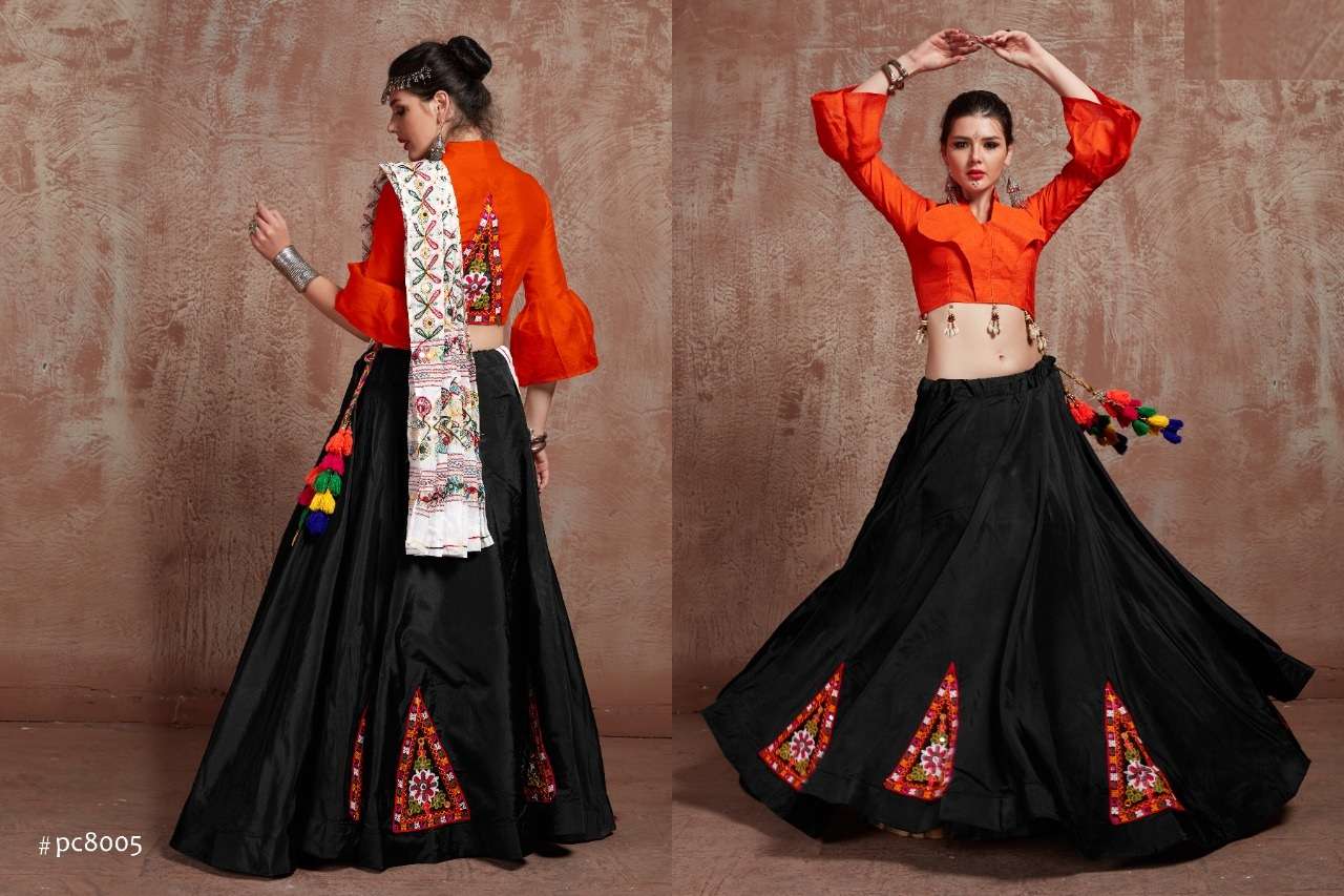 DESIGNER FANCY BLACK ORANGE NAVRATRI SPECIAL GAMTHI LEHENGA CHOLI IN COTTON 8005