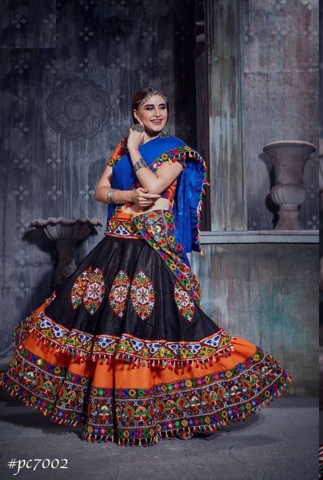 DESIGNER FANCY NAVRATRI SPECIAL BLACK ORANGE GAMTHI LEHENGA CHOLI IN COTTON 7002