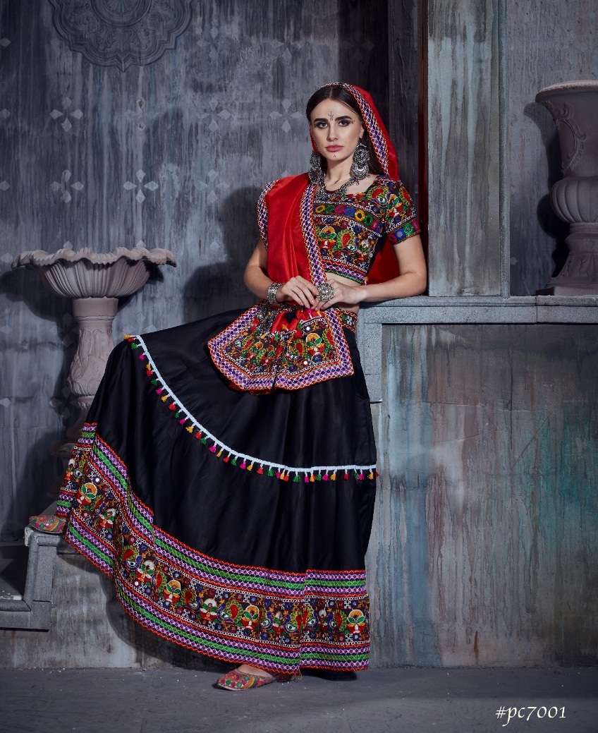 DESIGNER FANCY NAVRATRI SPECIAL BLACK RED GAMTHI LEHENGA CHOLI IN COTTON 7001