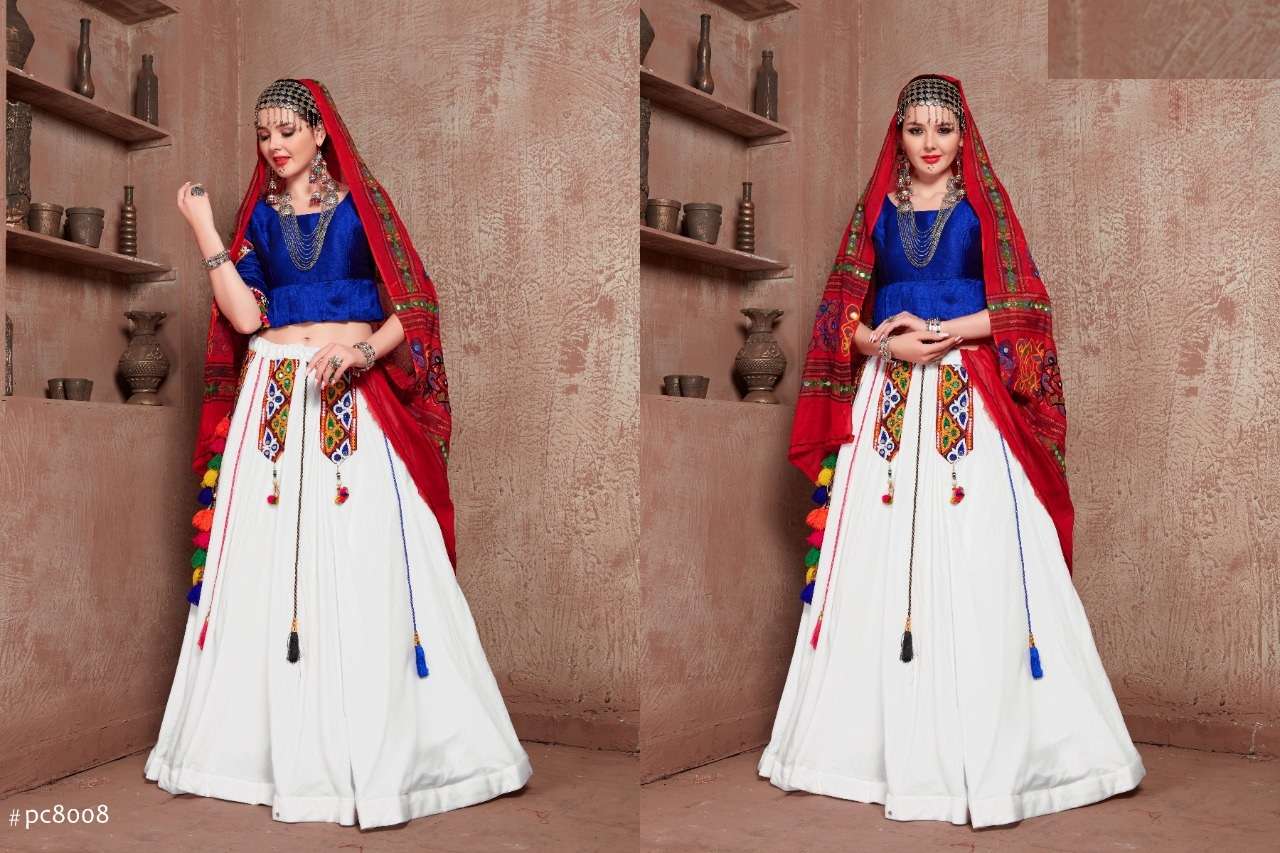 DESIGNER FANCY WHITE BLUE NAVRATRI SPECIAL GAMTHI LEHENGA CHOLI IN COTTON 8008