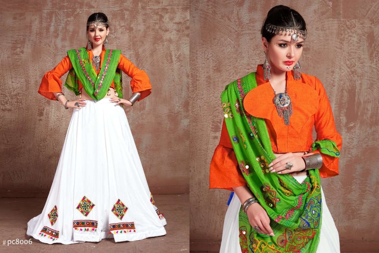 DESIGNER FANCY WHITE ORANGE NAVRATRI SPECIAL GAMTHI LEHENGA CHOLI IN COTTON 8006