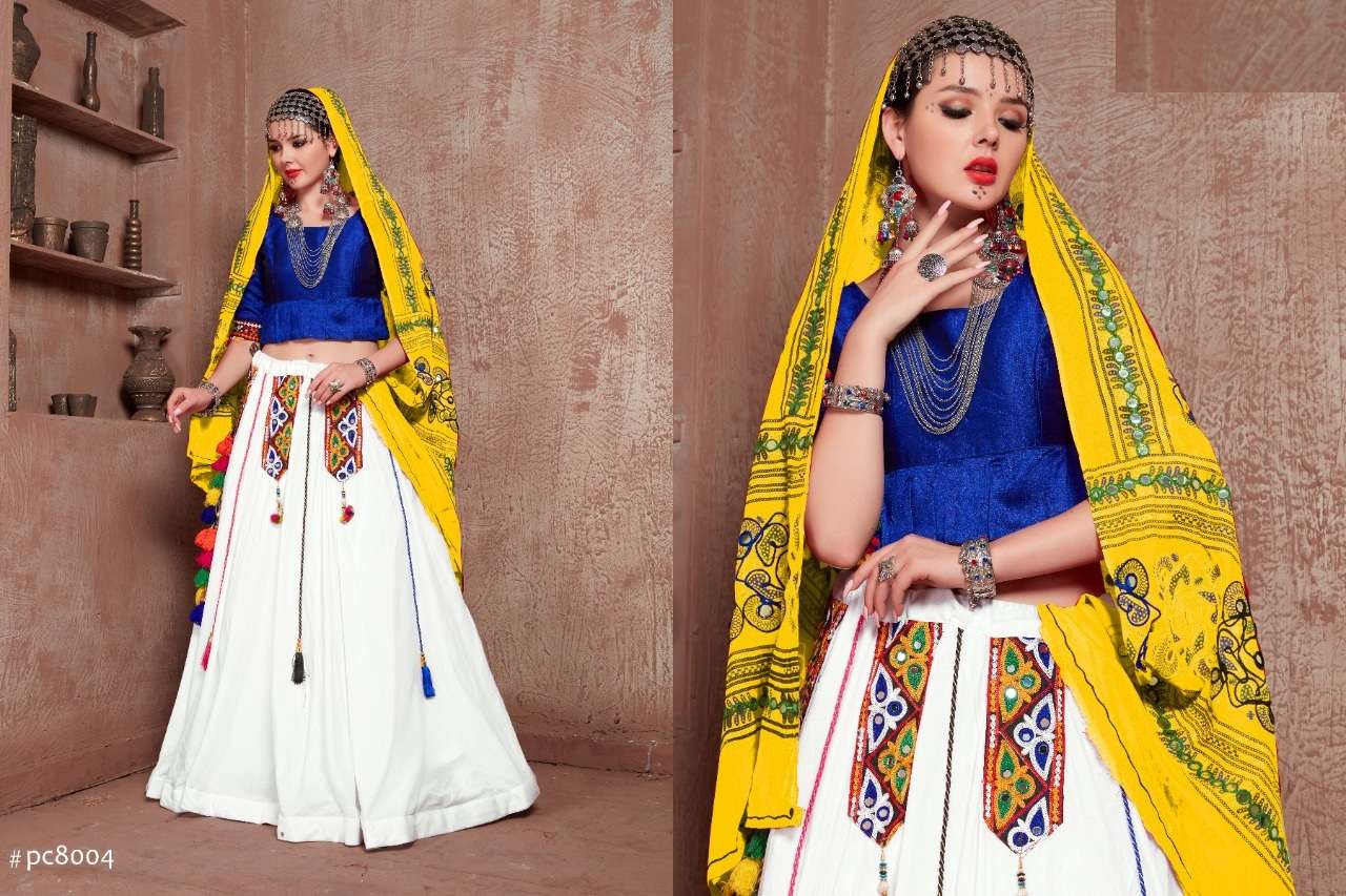 DESIGNER FANCY YELLOW BLUE NAVRATRI SPECIAL GAMTHI LEHENGA CHOLI IN COTTON 8004