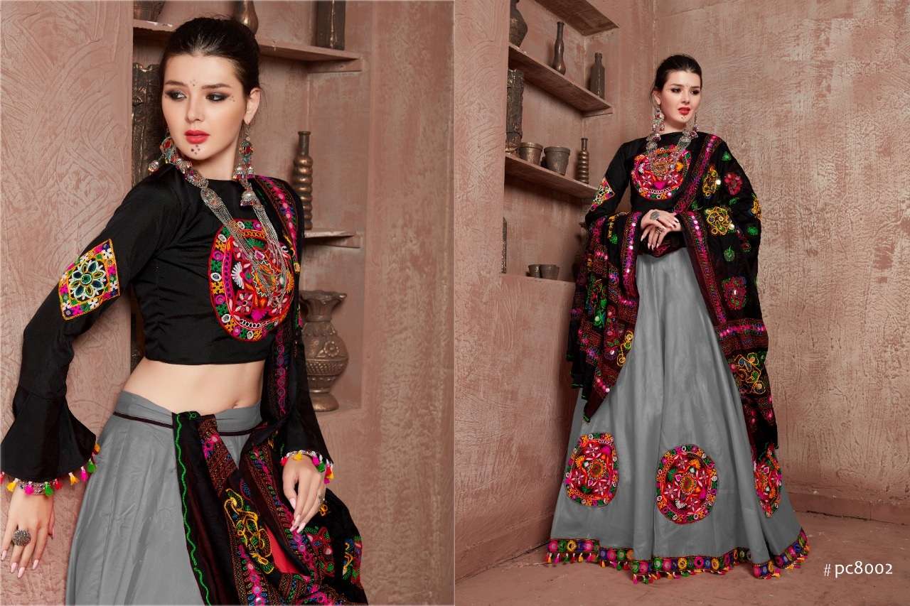 GREY DESIGNER FANCY NAVRATRI SPECIAL GAMTHI LEHENGA CHOLI IN COTTON 8002F