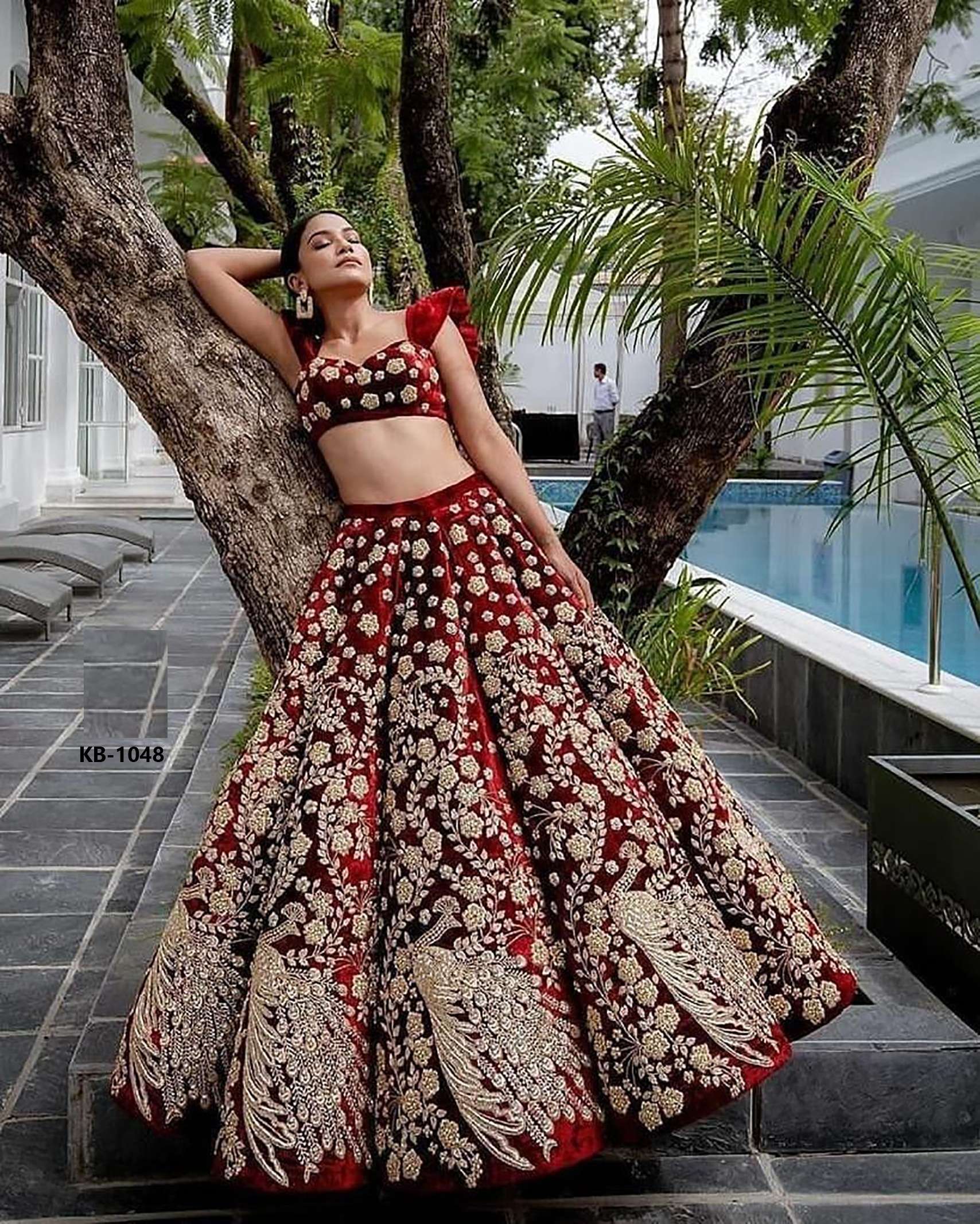 HEAVY DESIGNER VELVET MAROON LEHENGA CHOLI FOR WEDDING WEAR KB 1048