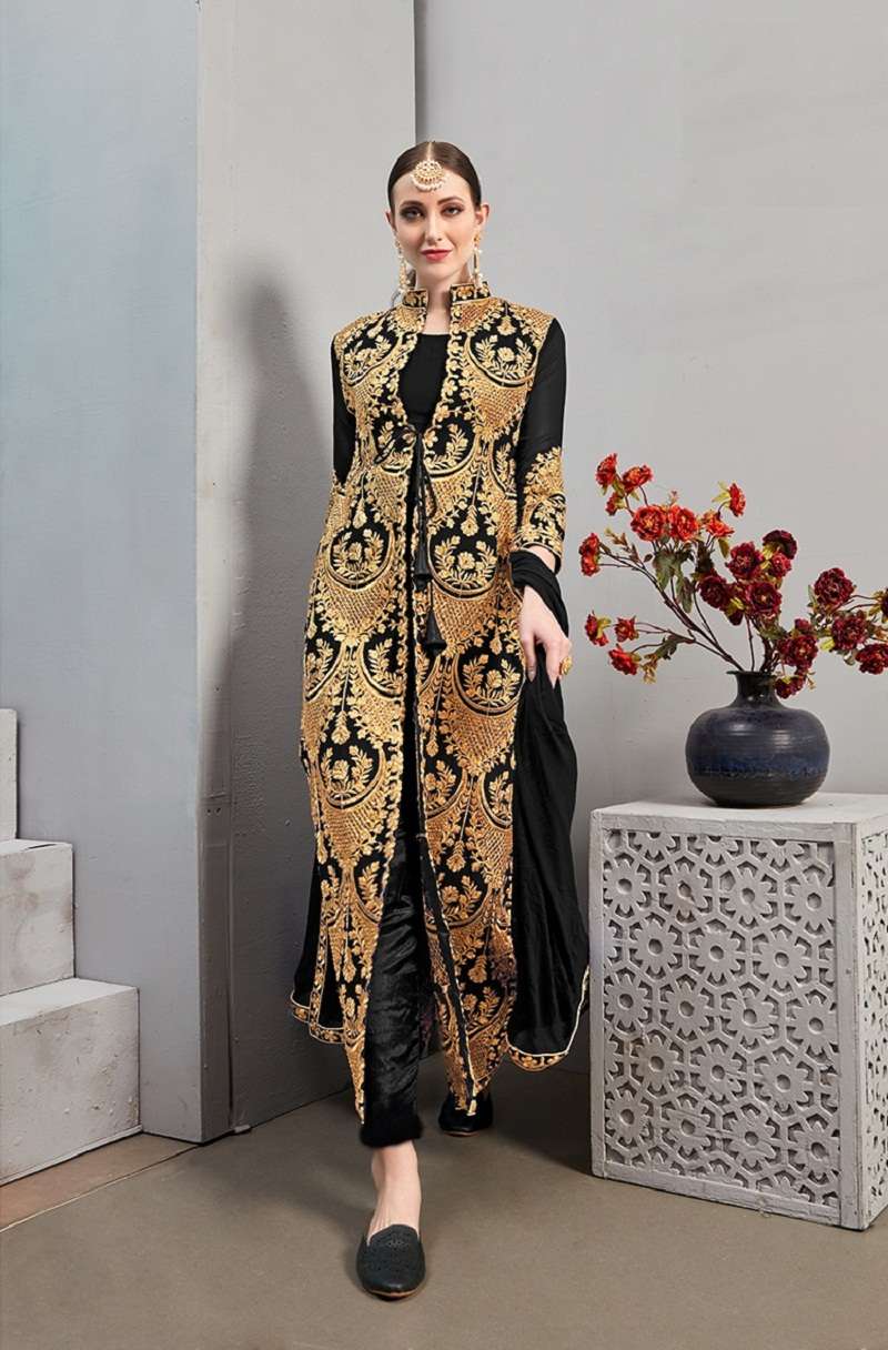 HEAVY DESIGNER WEDDING PARTY WEAR LONG KOTI STYLE BLACK SALWAR SUIT SENHORA 24001