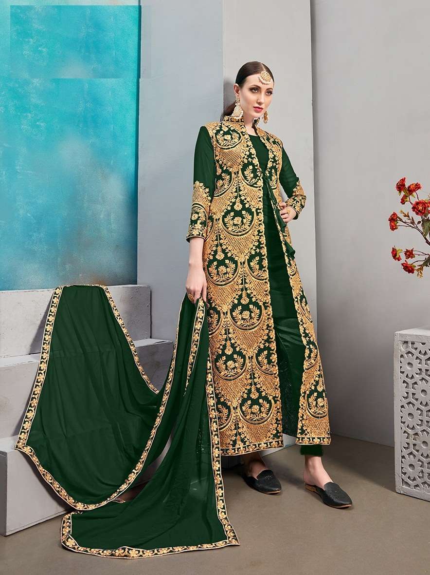 HEAVY DESIGNER WEDDING PARTY WEAR LONG KOTI STYLE GREEN SALWAR SUIT SENHORA 24003