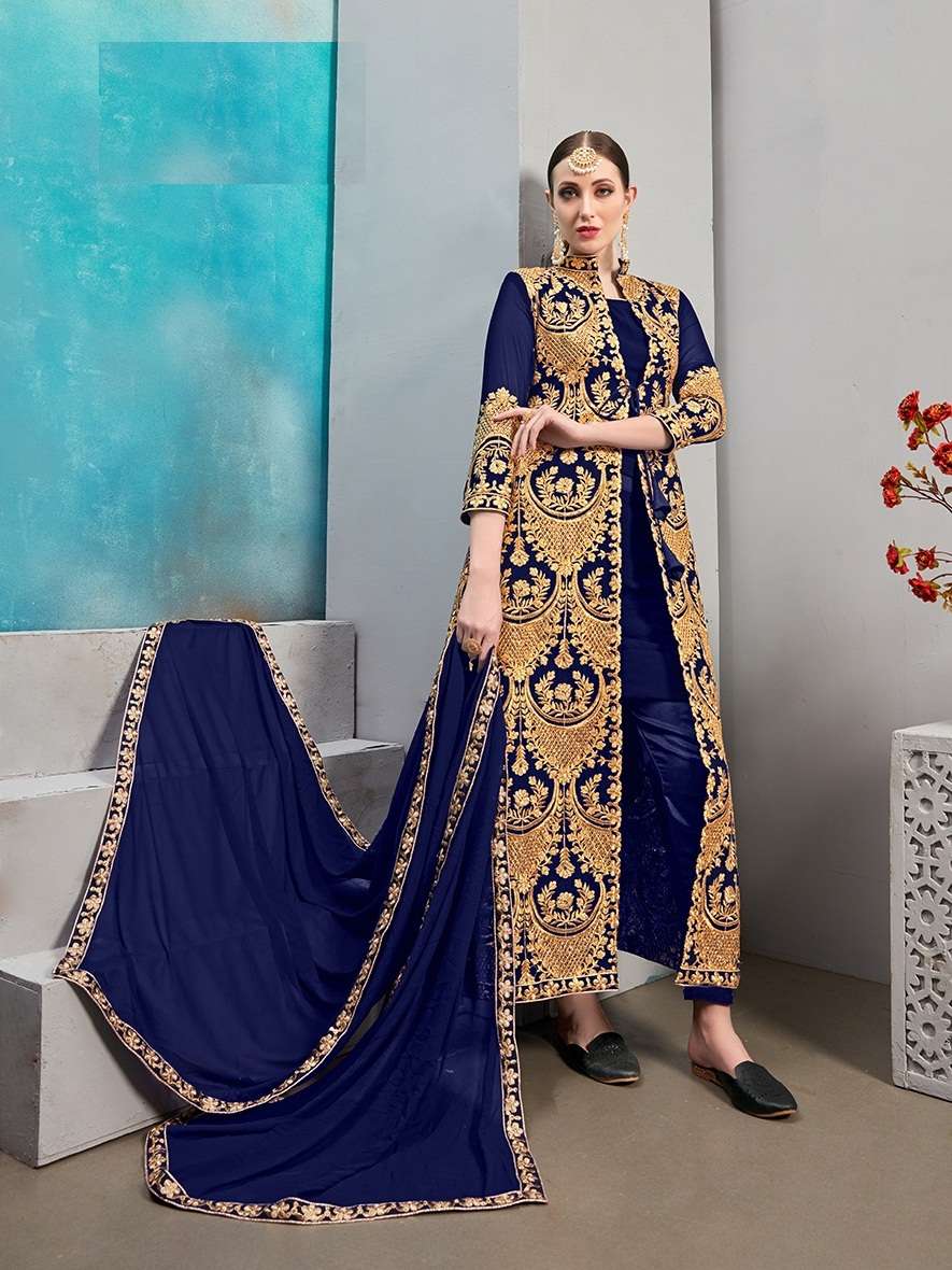 HEAVY DESIGNER WEDDING PARTY WEAR LONG KOTI STYLE BLUE SALWAR SUIT SENHORA 24004