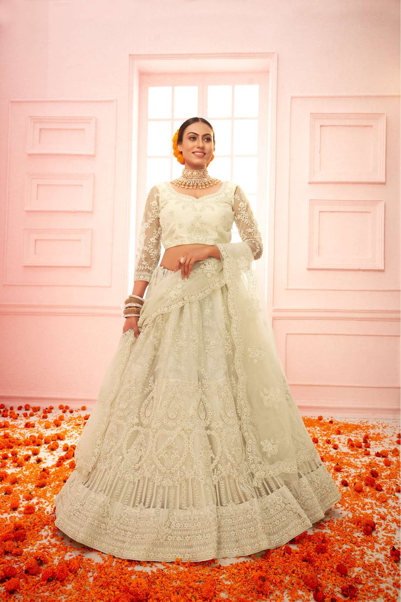 PREMIUM DESIGNER FANCY WEDDING CUM PARTY WEAR EXCLUSIVE WHITE LEHENGA CHOLI COLLECTION SENHORA 2014