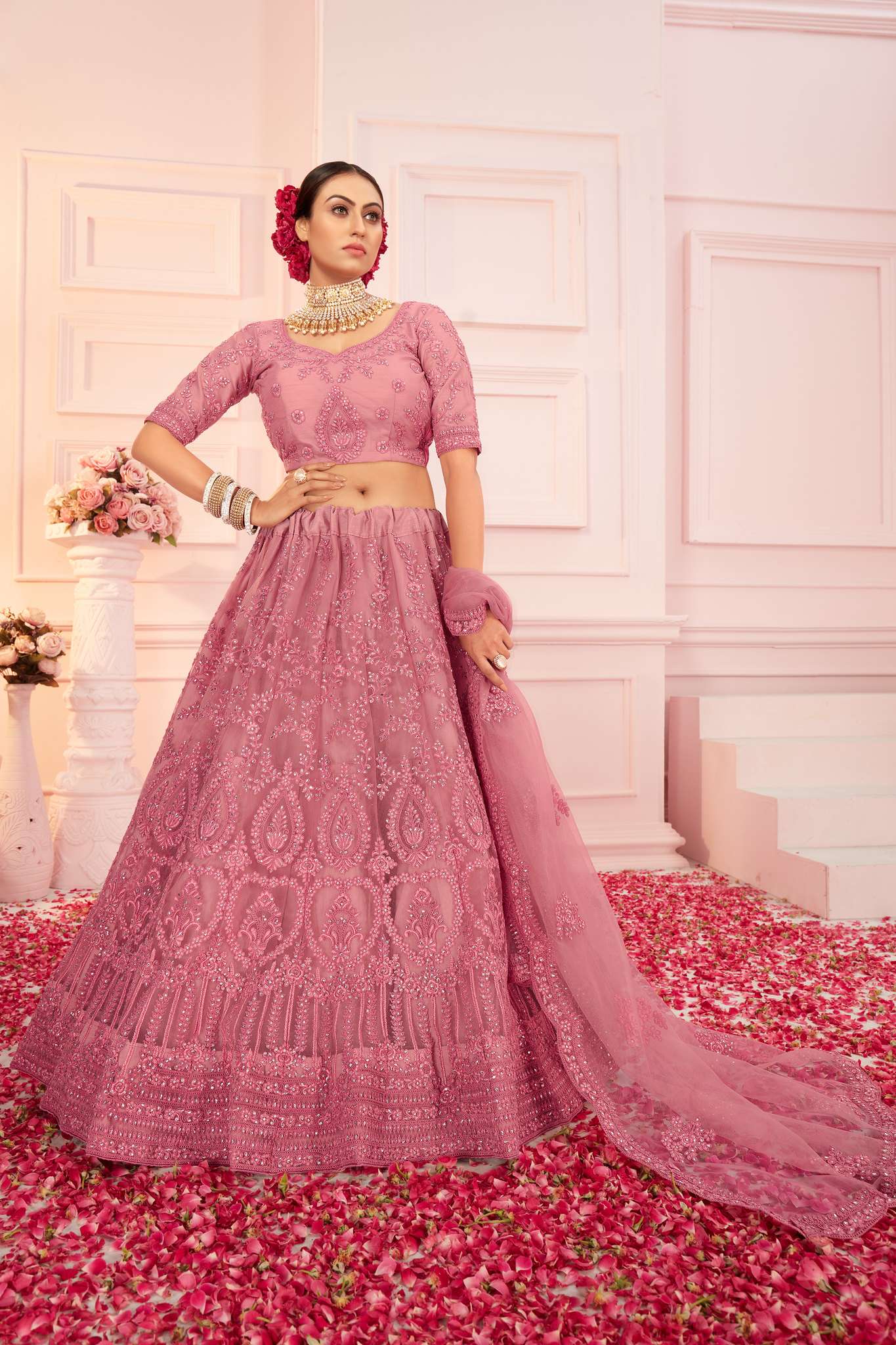 PREMIUM DESIGNER FANCY WEDDING CUM PARTY WEAR EXCLUSIVE LIGHT PINK LEHENGA CHOLI COLLECTION SENHORA 2014