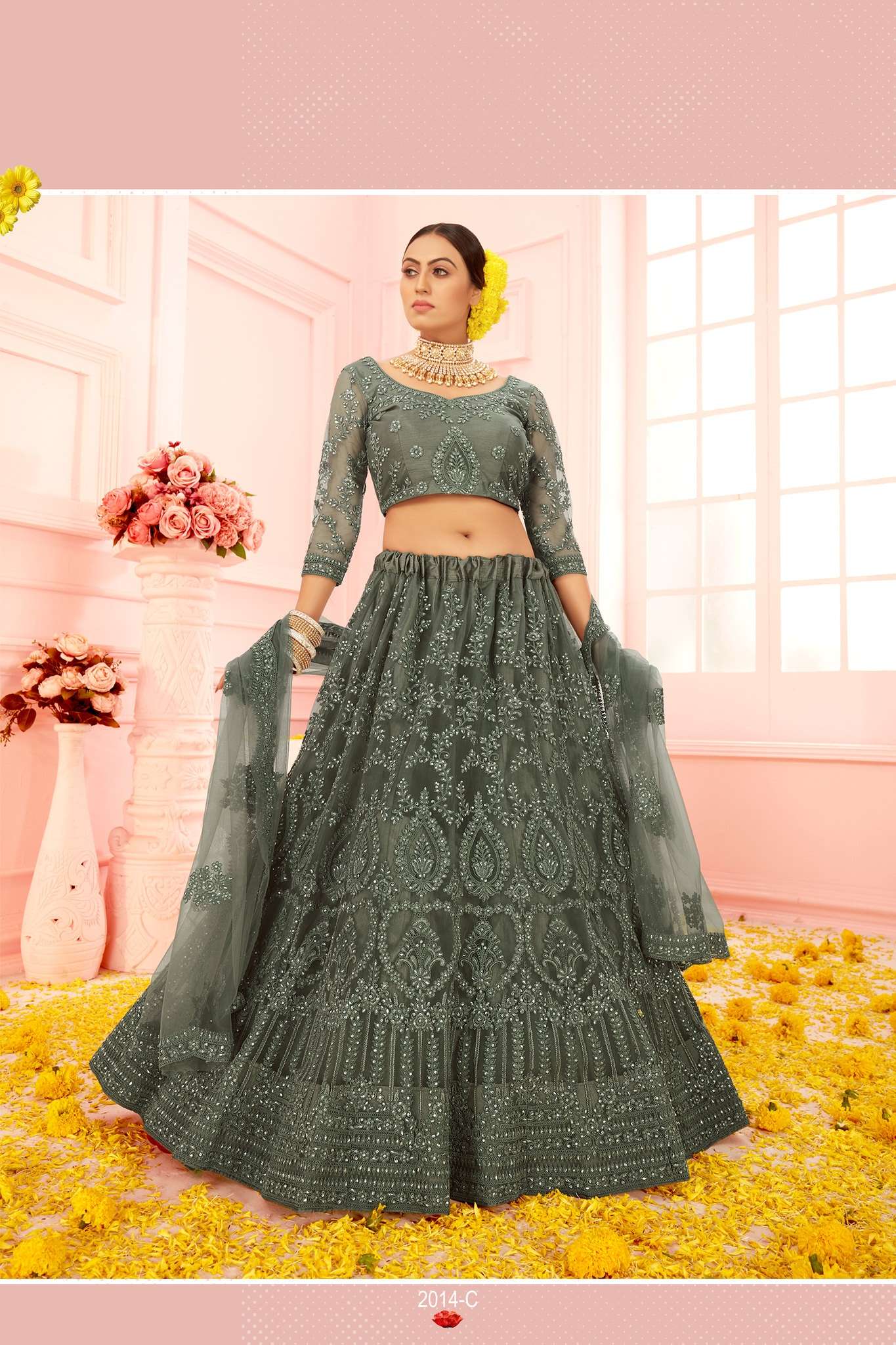 PREMIUM DESIGNER FANCY WEDDING CUM PARTY WEAR EXCLUSIVE GREEN LEHENGA CHOLI COLLECTION SENHORA 2014