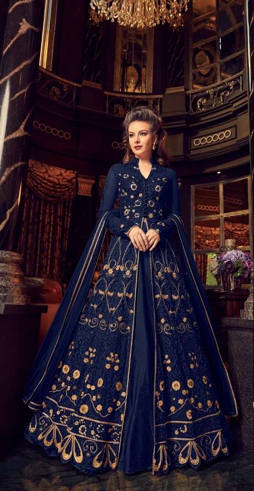 PREMIUM WEDDING DESIGNER FANCY PARTY WEAR BLUE COLOR GOWN STYLE SALWAR SUIT IN NET FABRIC 5905 F