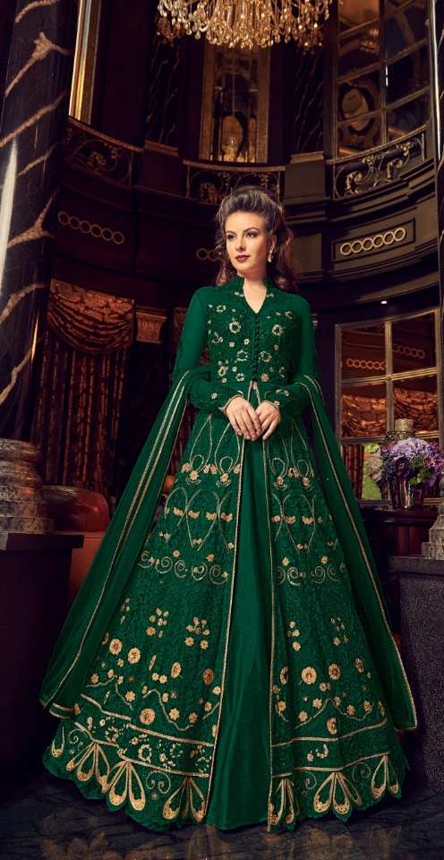 PREMIUM WEDDING DESIGNER FANCY PARTY WEAR BLUE DARK GREEN COLOR GOWN STYLE SALWAR SUIT IN NET FABRIC 5905 G