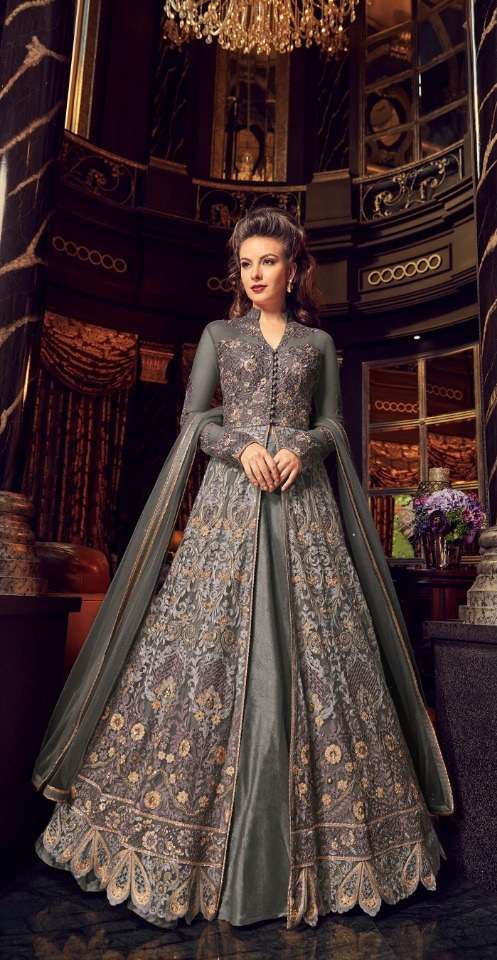 PREMIUM WEDDING DESIGNER FANCY PARTY WEAR GREY COLOR GOWN STYLE SALWAR SUIT IN NET FABRIC 5905 B