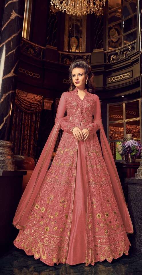 PREMIUM WEDDING DESIGNER FANCY PARTY WEAR PEACE COLOR GOWN STYLE SALWAR SUIT IN NET FABRIC 5905 E