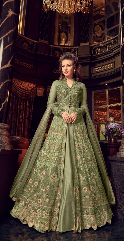 PREMIUM WEDDING DESIGNER FANCY PARTY WEAR PISTA GREEN COLOR GOWN STYLE SALWAR SUIT IN NET FABRIC 5905 D