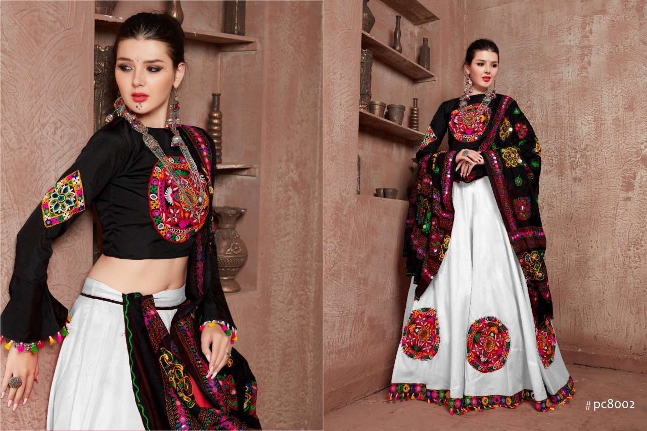 WHITE DESIGNER FANCY NAVRATRI SPECIAL GAMTHI LEHENGA CHOLI IN COTTON 8002E