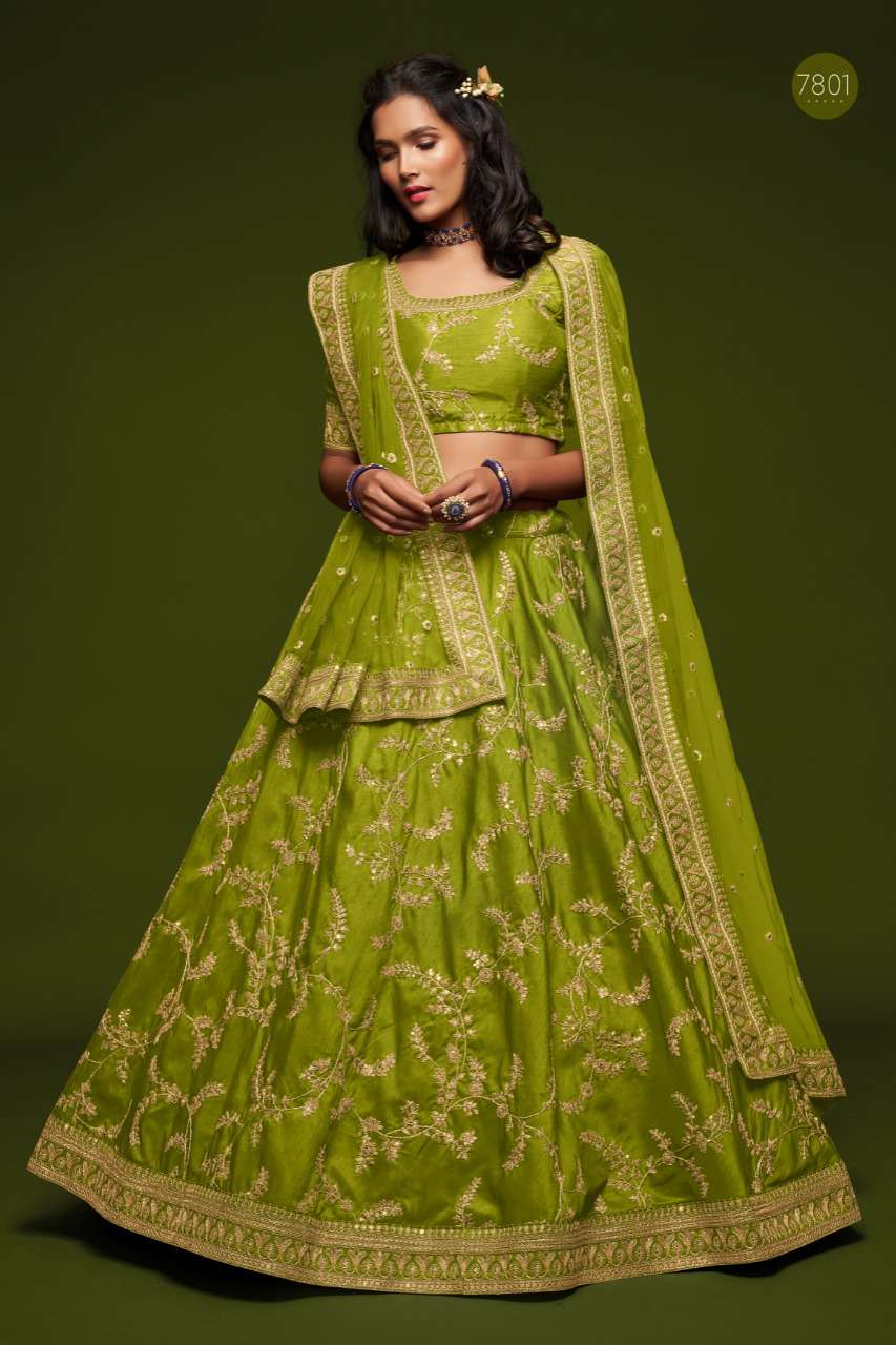 DESIGNER FANCY WEDDING PARTY WEAR EXCLUSIVE ART SILK GREEN LEHENGA CHOLI VIWAH FASHION 7801