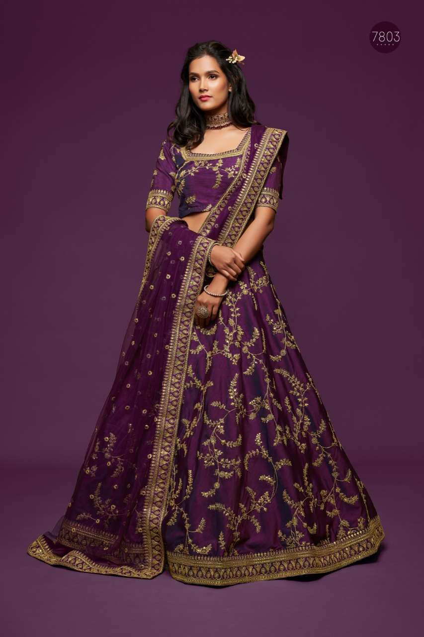 DESIGNER FANCY WEDDING PARTY WEAR EXCLUSIVE ART SILK PURPLE LEHENGA CHOLI VIWAH FASHION 7803