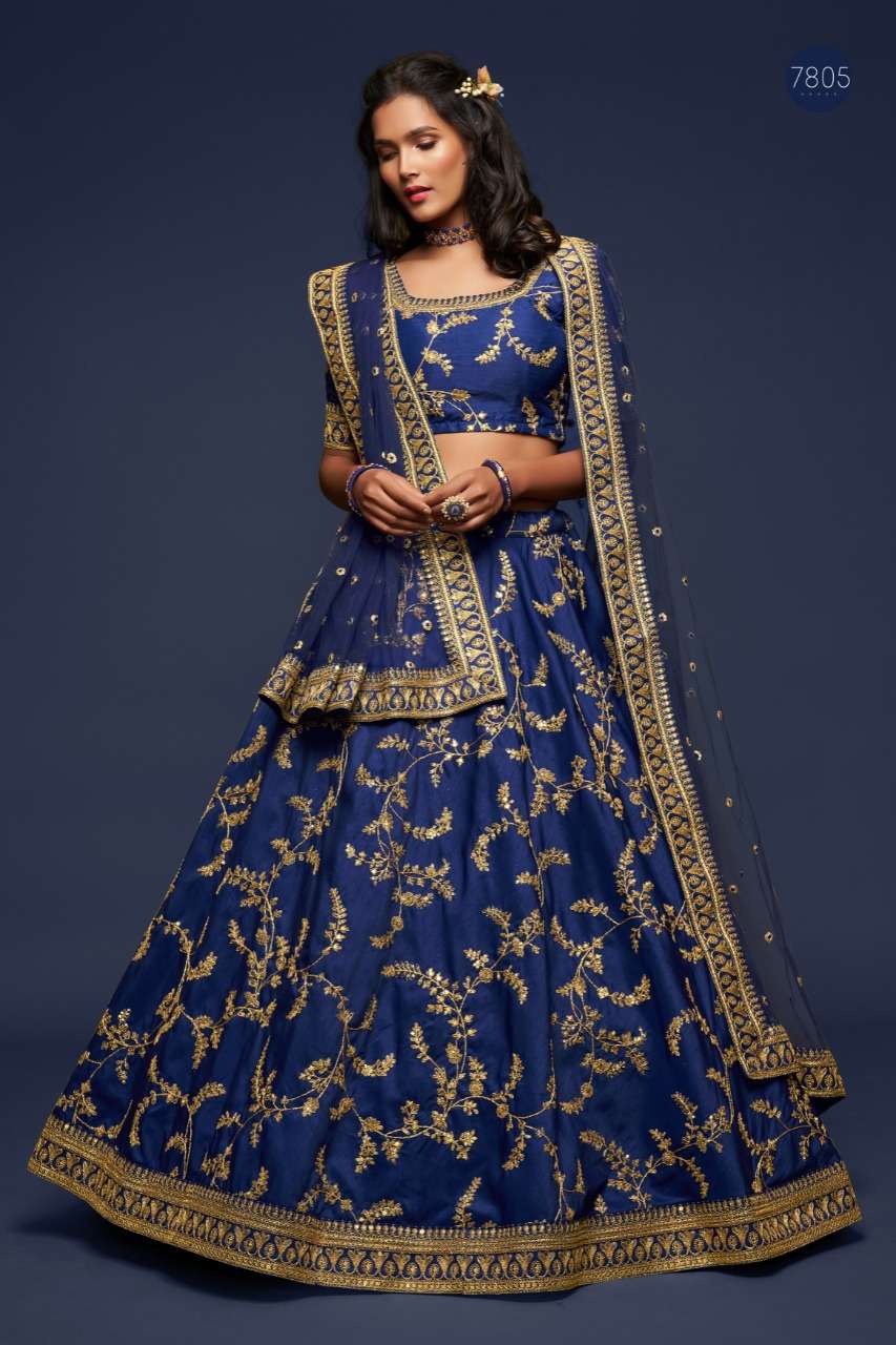 DESIGNER FANCY WEDDING PARTY WEAR EXCLUSIVE ART SILK BLUE LEHENGA CHOLI VIWAH FASHION 7805