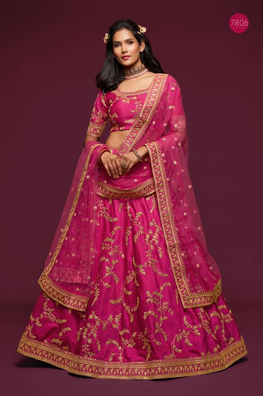 DESIGNER FANCY WEDDING PARTY WEAR EXCLUSIVE ART SILK PINK LEHENGA CHOLI VIWAH FASHION 7806