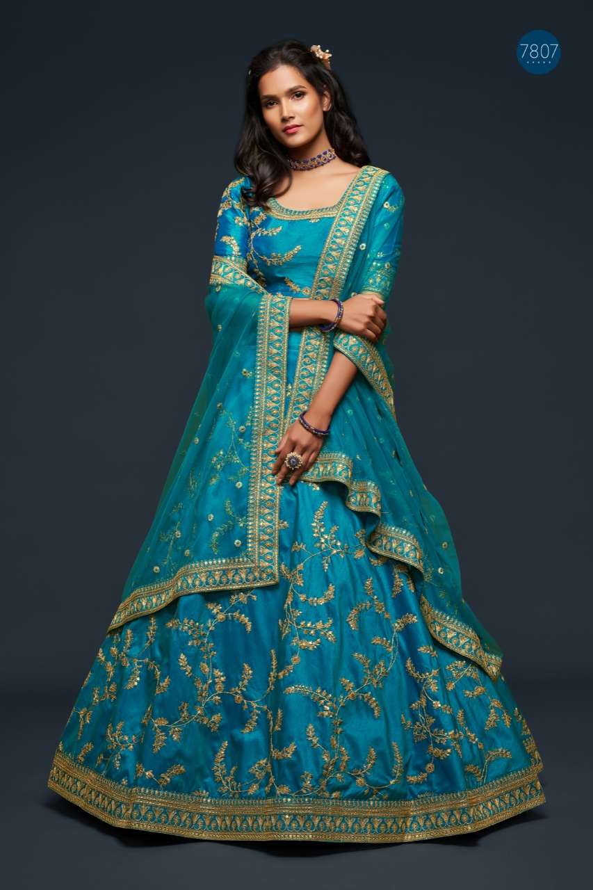 DESIGNER FANCY WEDDING PARTY WEAR EXCLUSIVE ART SILK TEAL BLUE LEHENGA CHOLI VIWAH FASHION 7807