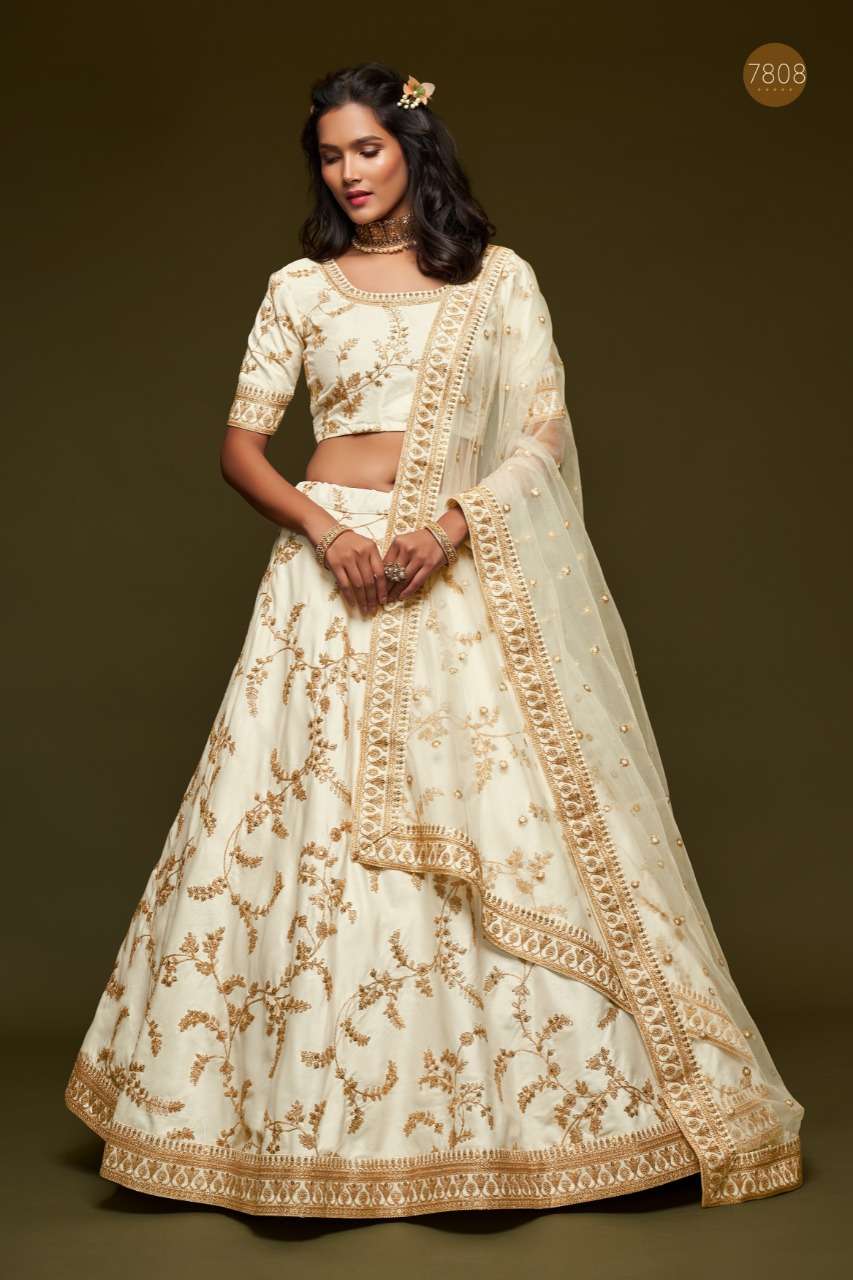 DESIGNER FANCY WEDDING PARTY WEAR EXCLUSIVE ART SILK WHITE LEHENGA CHOLI VIWAH FASHION 7808