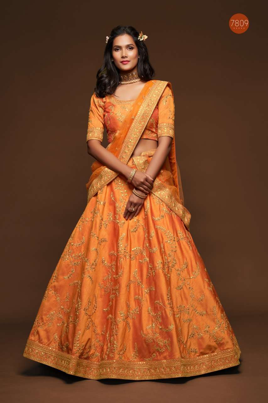 DESIGNER FANCY WEDDING PARTY WEAR EXCLUSIVE ART SILK ORANGE LEHENGA CHOLI VIWAH FASHION 7809