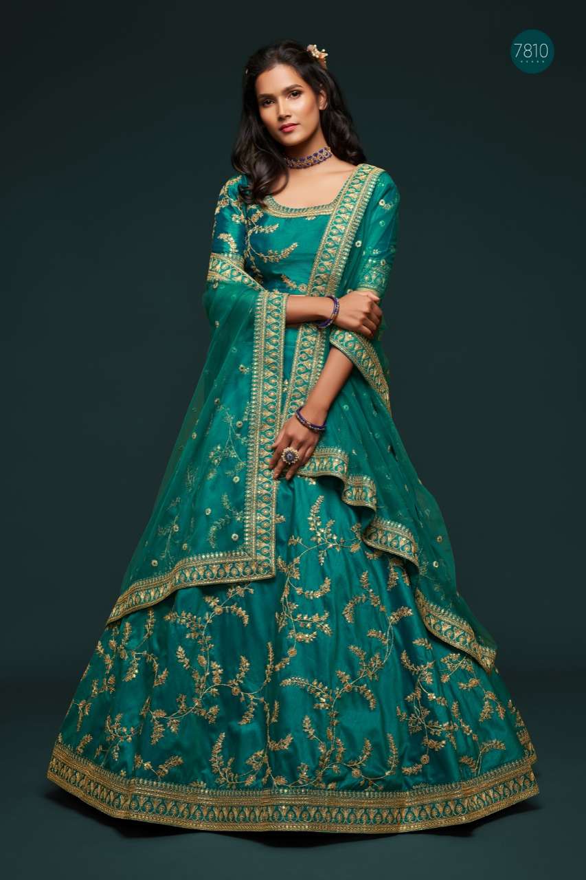 DESIGNER FANCY WEDDING PARTY WEAR EXCLUSIVE ART SILK GREEN LEHENGA CHOLI VIWAH FASHION 7810