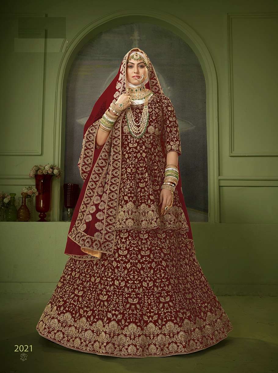 HEAVY DESIGNER FANCY WEDDING WEAR MAROON VELVET PEPLON LEHENGA CHOLI 2021