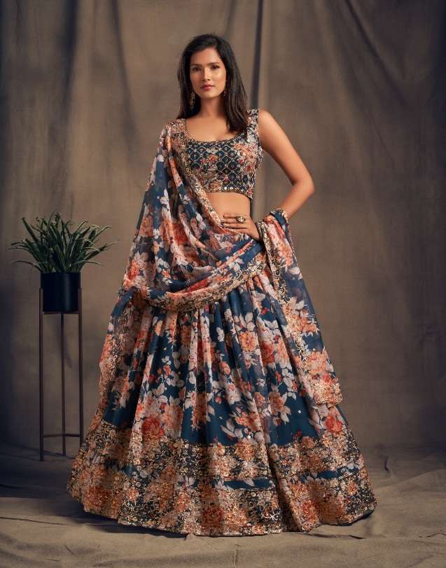 DESIGNER BLUE FANCY WEDDING PARTY WEAR ORGANZA PRINTED LEHENGA CHOLI 7614