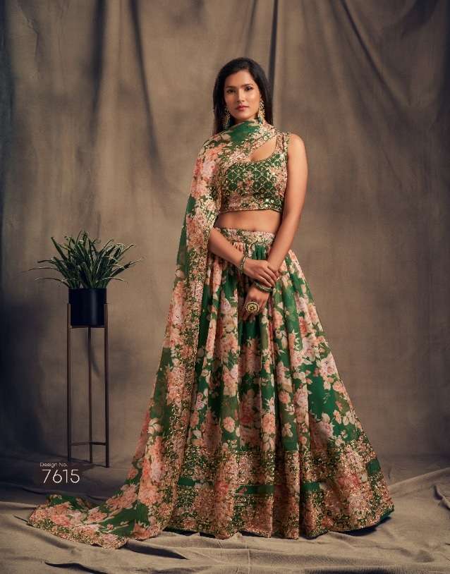 DESIGNER GREEN FANCY WEDDING PARTY WEAR ORGANZA PRINTED LEHENGA CHOLI 7615