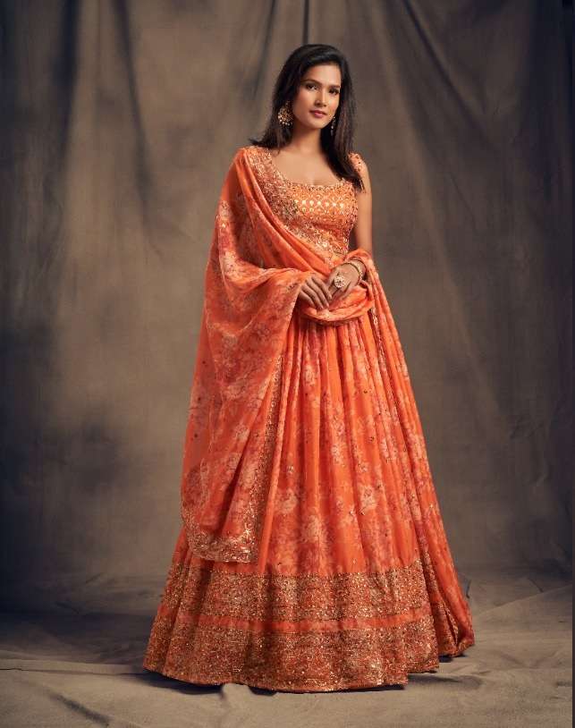 DESIGNER ORANGE FANCY WEDDING PARTY WEAR ORGANZA PRINTED LEHENGA CHOLI 7612