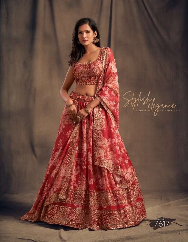 DESIGNER RED FANCY WEDDING PARTY WEAR ORGANZA PRINTED LEHENGA CHOLI 7617