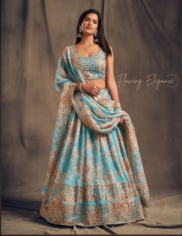 DESIGNER SKY BLUE FANCY WEDDING PARTY WEAR ORGANZA PRINTED LEHENGA CHOLI 7619