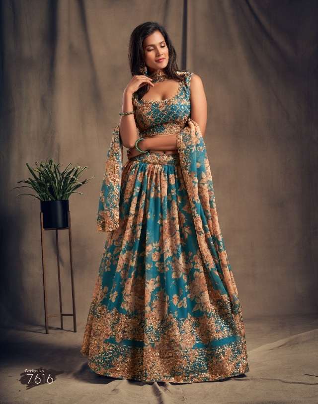 DESIGNER TEAL BLUE FANCY WEDDING PARTY WEAR ORGANZA PRINTED LEHENGA CHOLI 7616