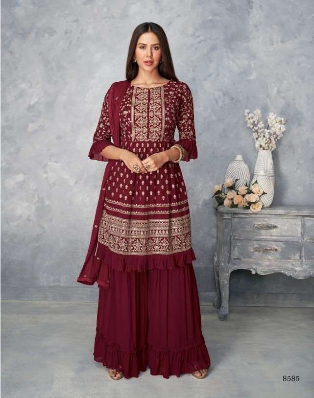 DESIGNER FANCY PARTY WEAR MAROON SHARARA SALWAR SUIT EXCLUSIVE COLLECTION 8585