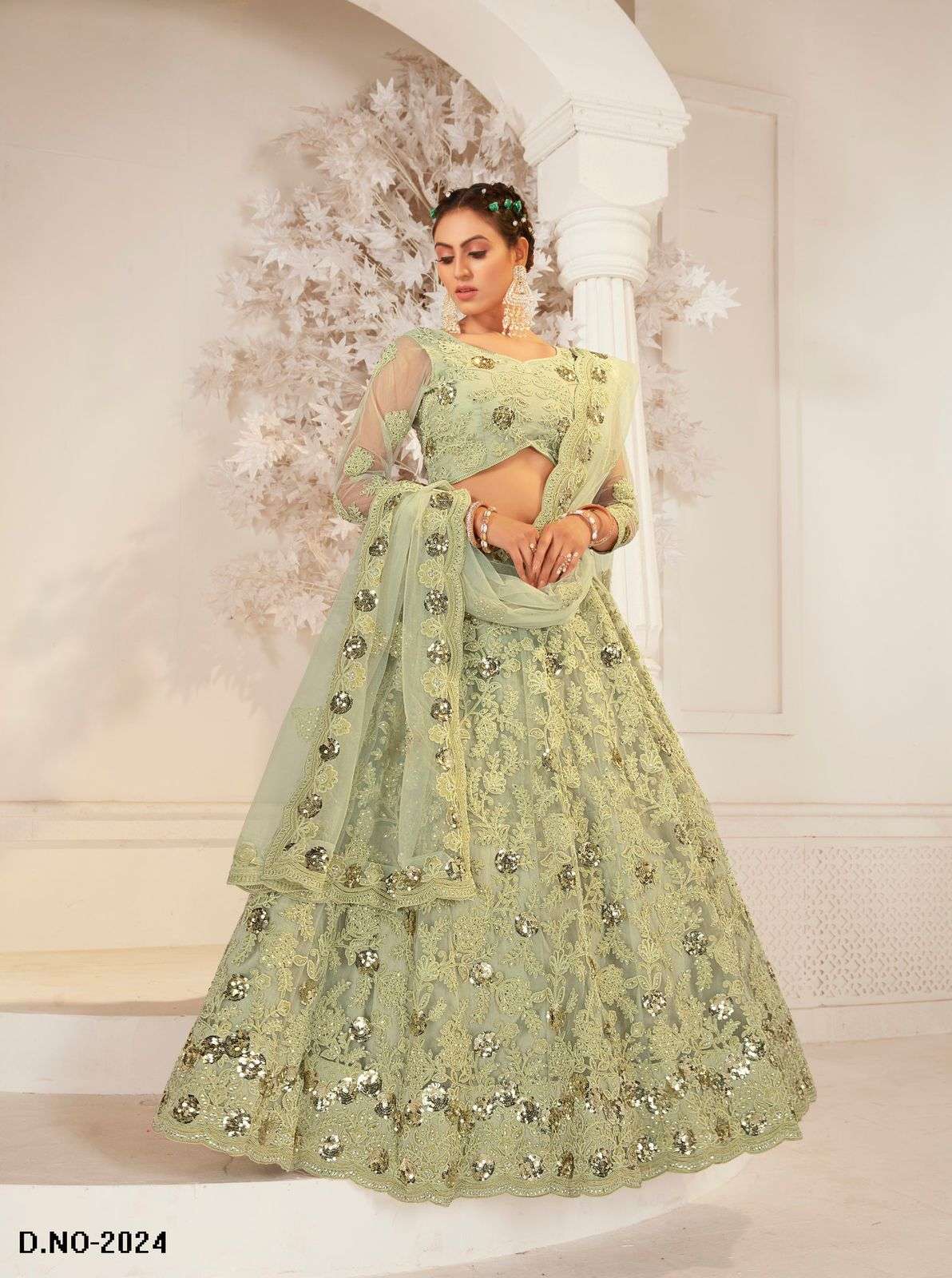 PREMIUM PISTA DESIGNER FANCY WEDDING PARTY WEAR EXCLUSIVE HEAVY NET LEHENGA CHOLI VIWAH FASHION SENHORA 2024