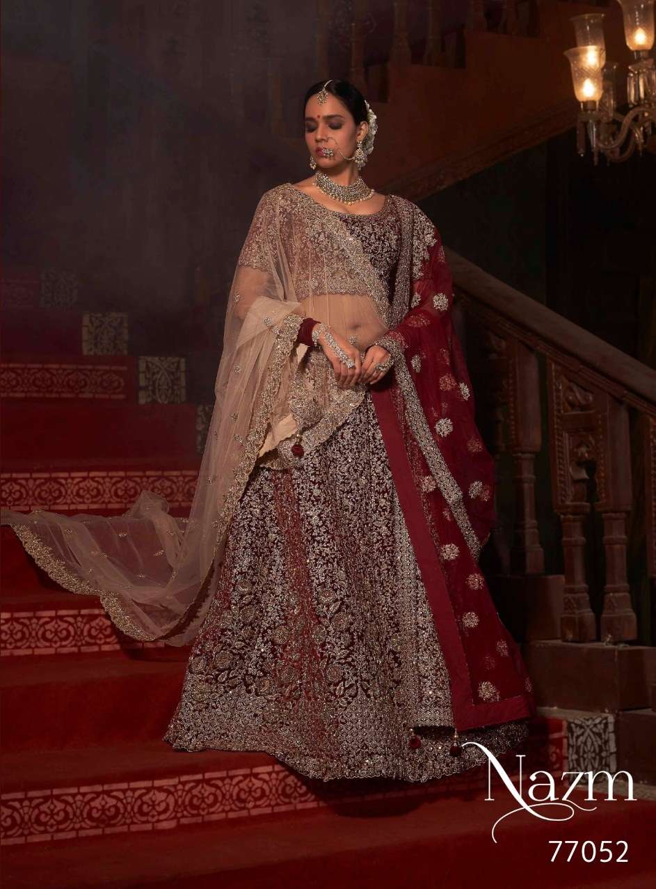 Shop wine velvet zardozi work bridal lehenga set| The Indian Couture
