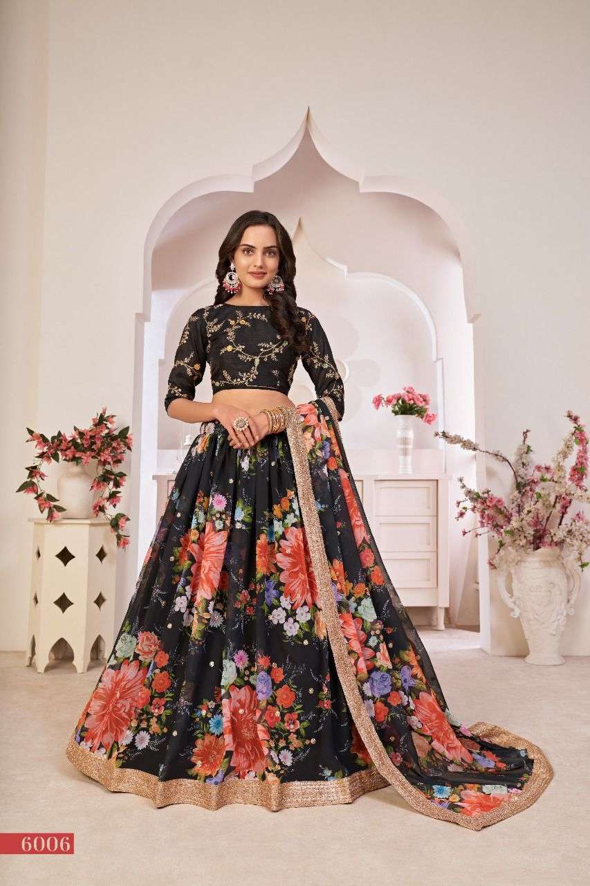 BLACK DESIGNER BEST QUALITY PRINTED GEORGETTE LEHENGA AT WHOLESALE RATE PC6006