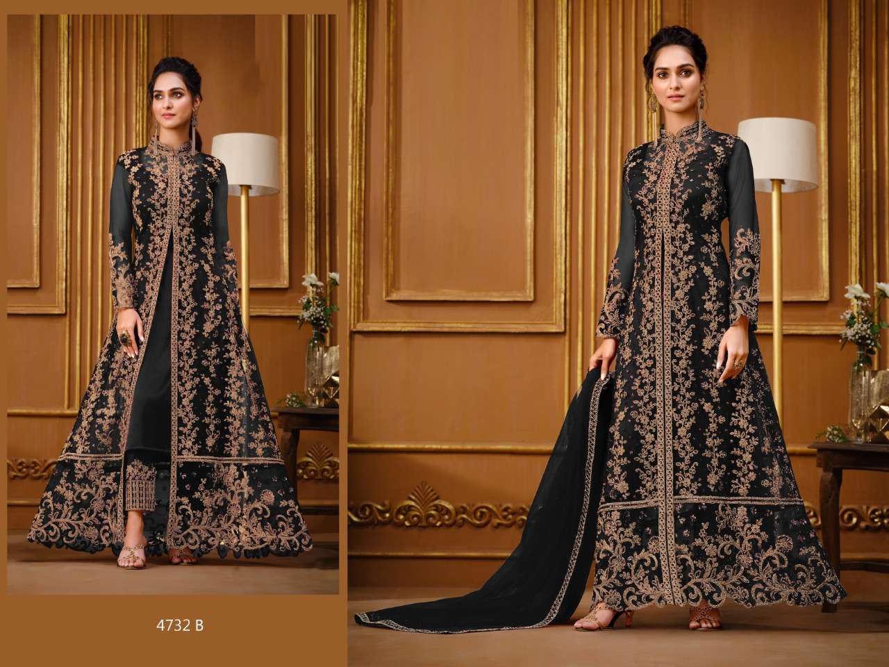 BLACK DESIGNER FANCY GOWN STYLE ANARKALI SALWAR SUIT VIPUL 4732 B