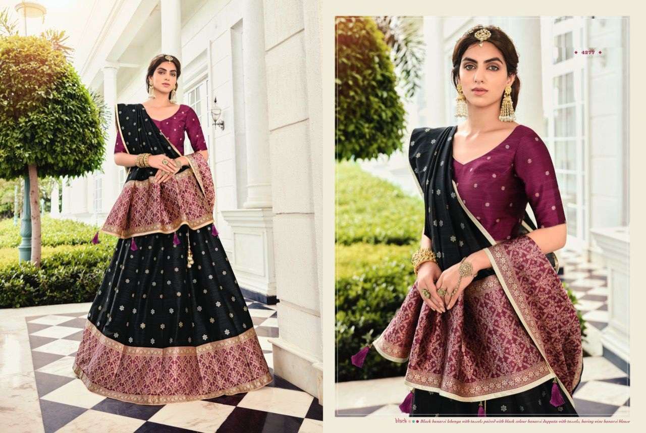 BLACK DESIGNER FANCY WEDDING PARTY WEAR BANARASI SILK LEHENGA CHOLI NAKASHI 4277