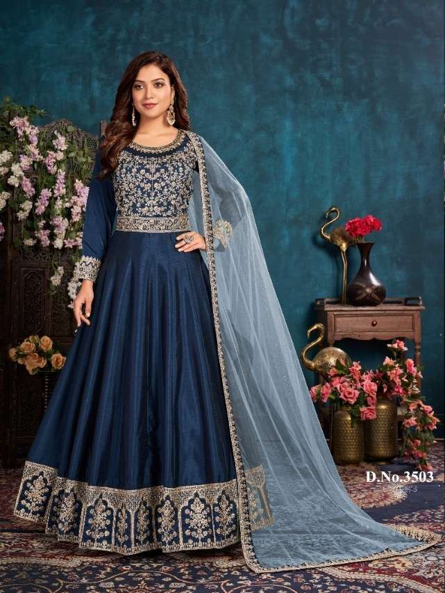 BLUE COLOR DESIGNER FANCY WEDDING PARTY WEAR SILK GOWN 3503