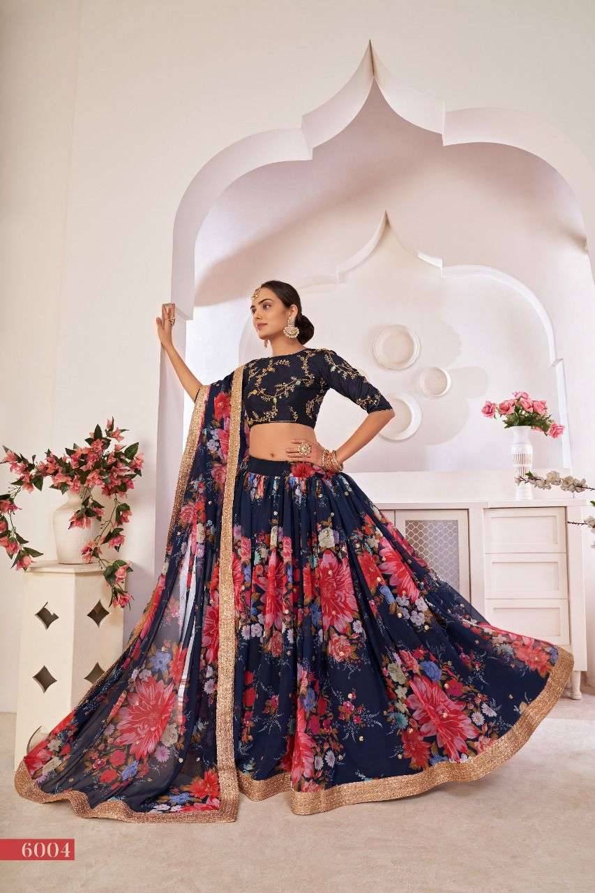 BLUE DESIGNER BEST QUALITY PRINTED GEORGETTE LEHENGA AT WHOLESALE RATE PC6004