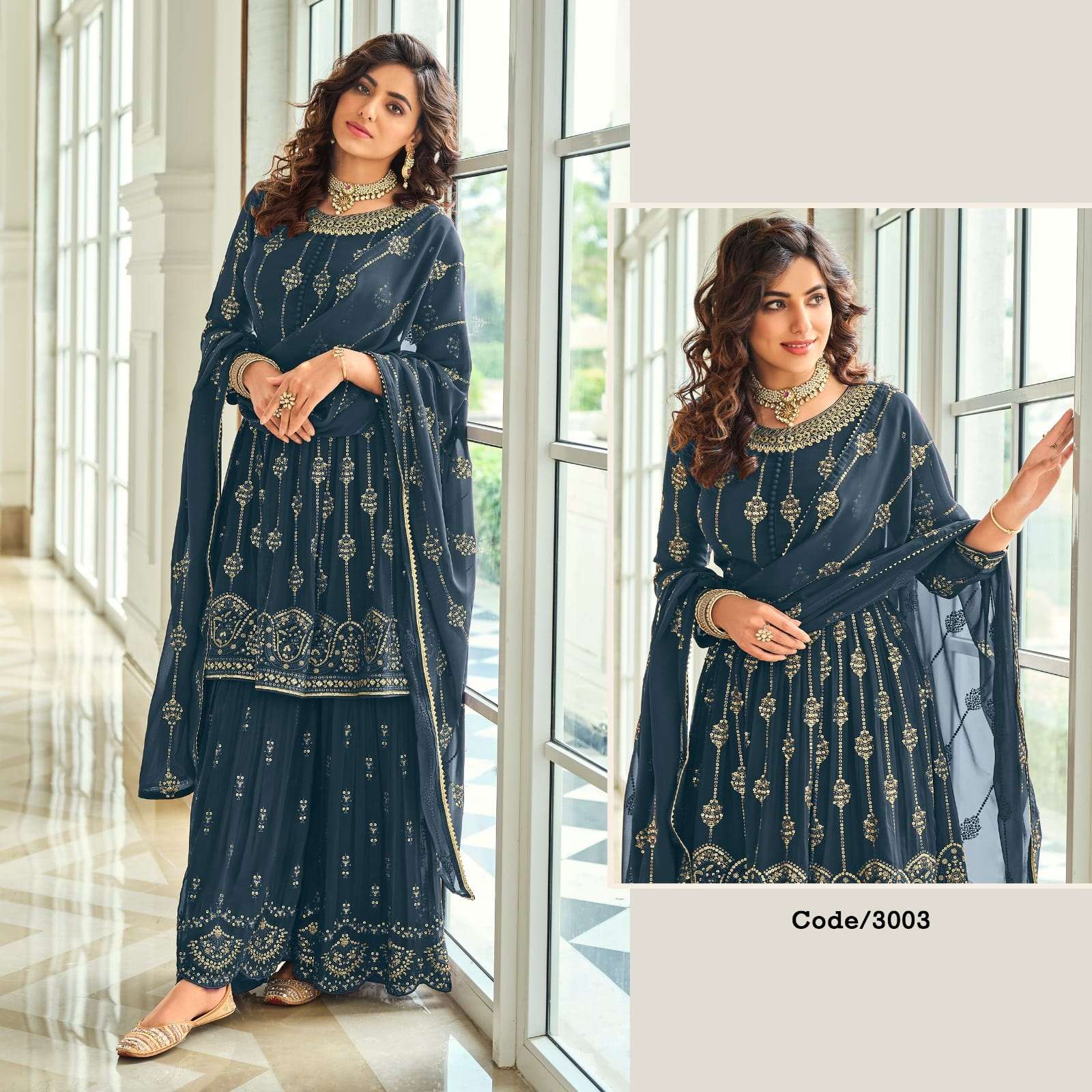 BLUE DESIGNER FANCY PARTY WEAR WESTERN PEPLUM STYLE SALWAR SUIT ZARKASH 3003