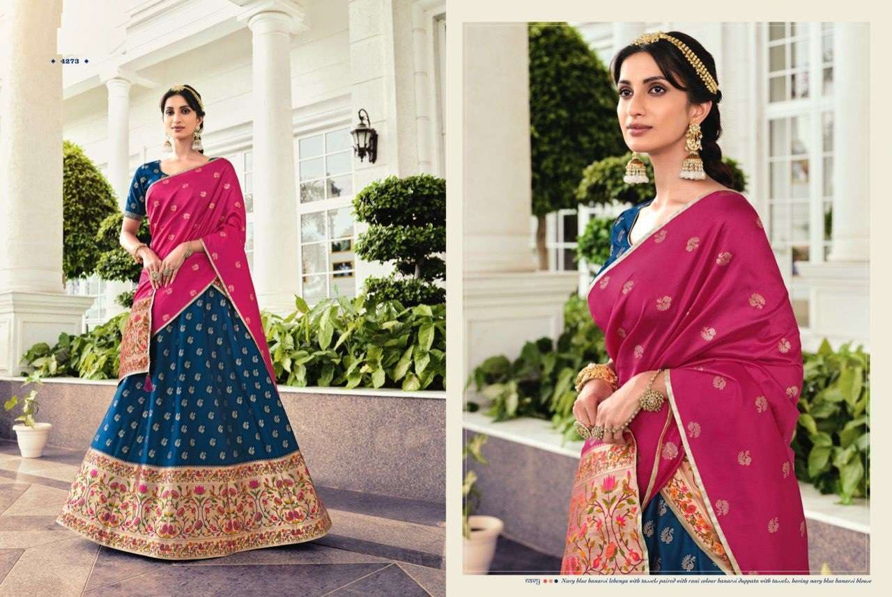 BLUE DESIGNER FANCY WEDDING PARTY WEAR BANARASI SILK LEHENGA CHOLI NAKASHI 4273