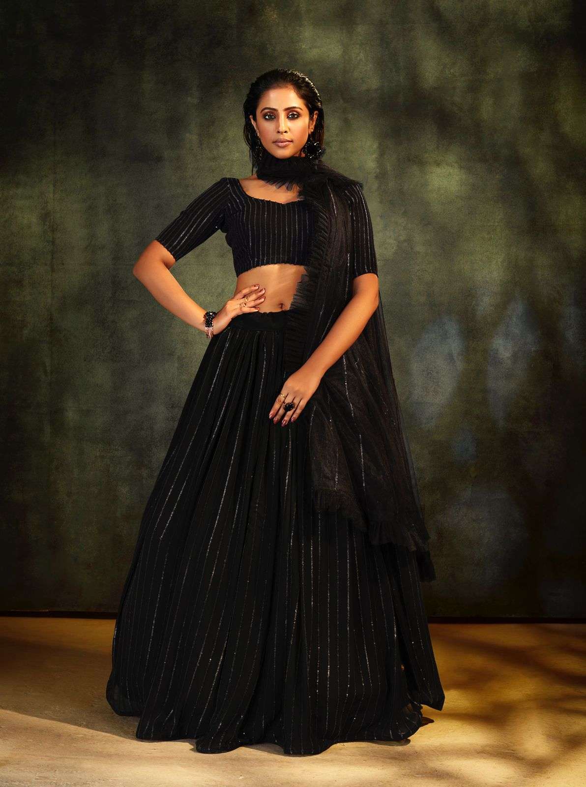 DESIGNER FANCY WEDDING BLACK PARTY WEAR LEHENGA CHOLI IN GEORGETTE SILK SHREEMATEE BREEZE 109