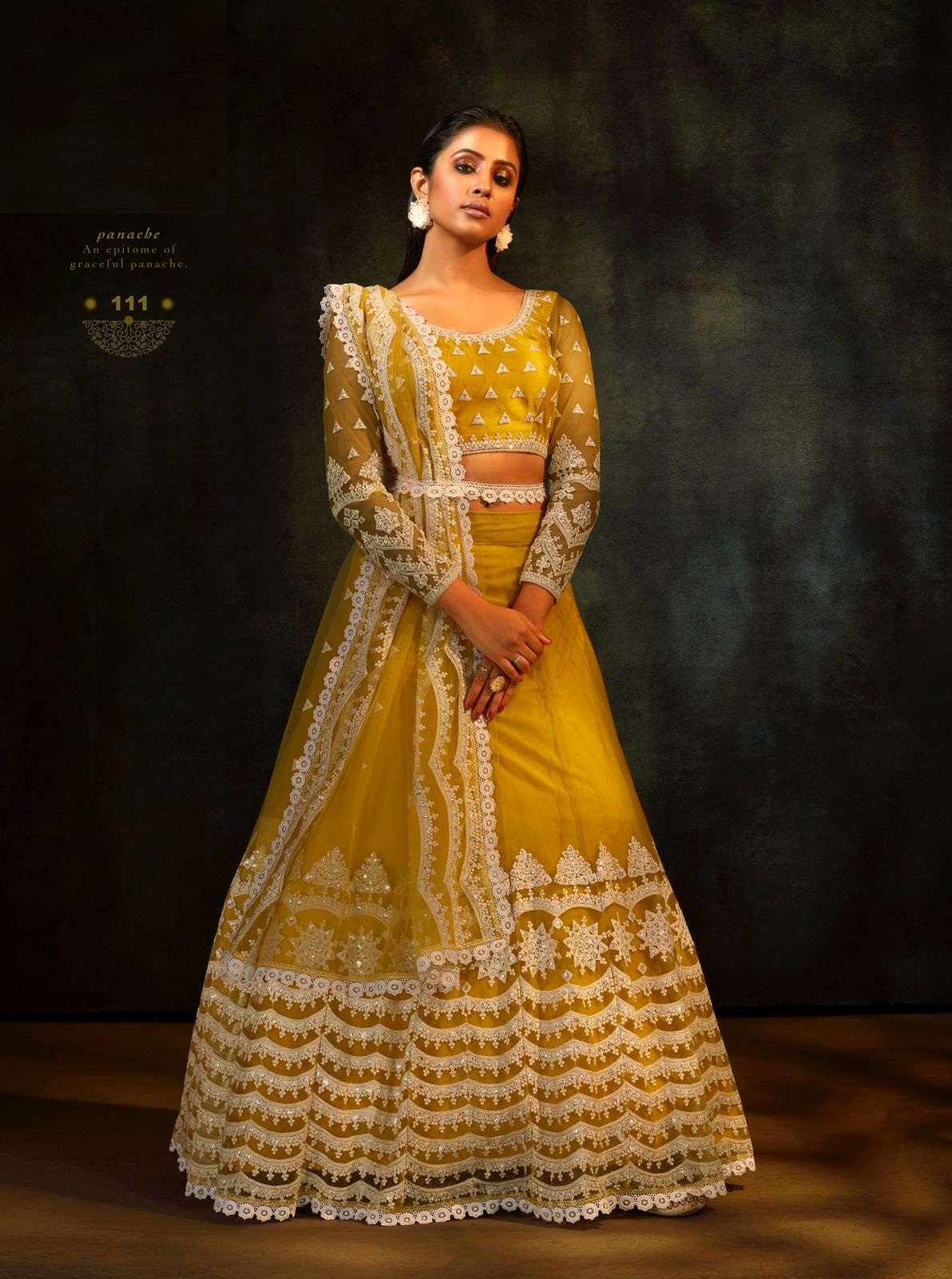 DESIGNER FANCY WEDDING YELLOW PARTY WEAR LEHENGA CHOLI IN NET SHREEMATEE BREEZE 111