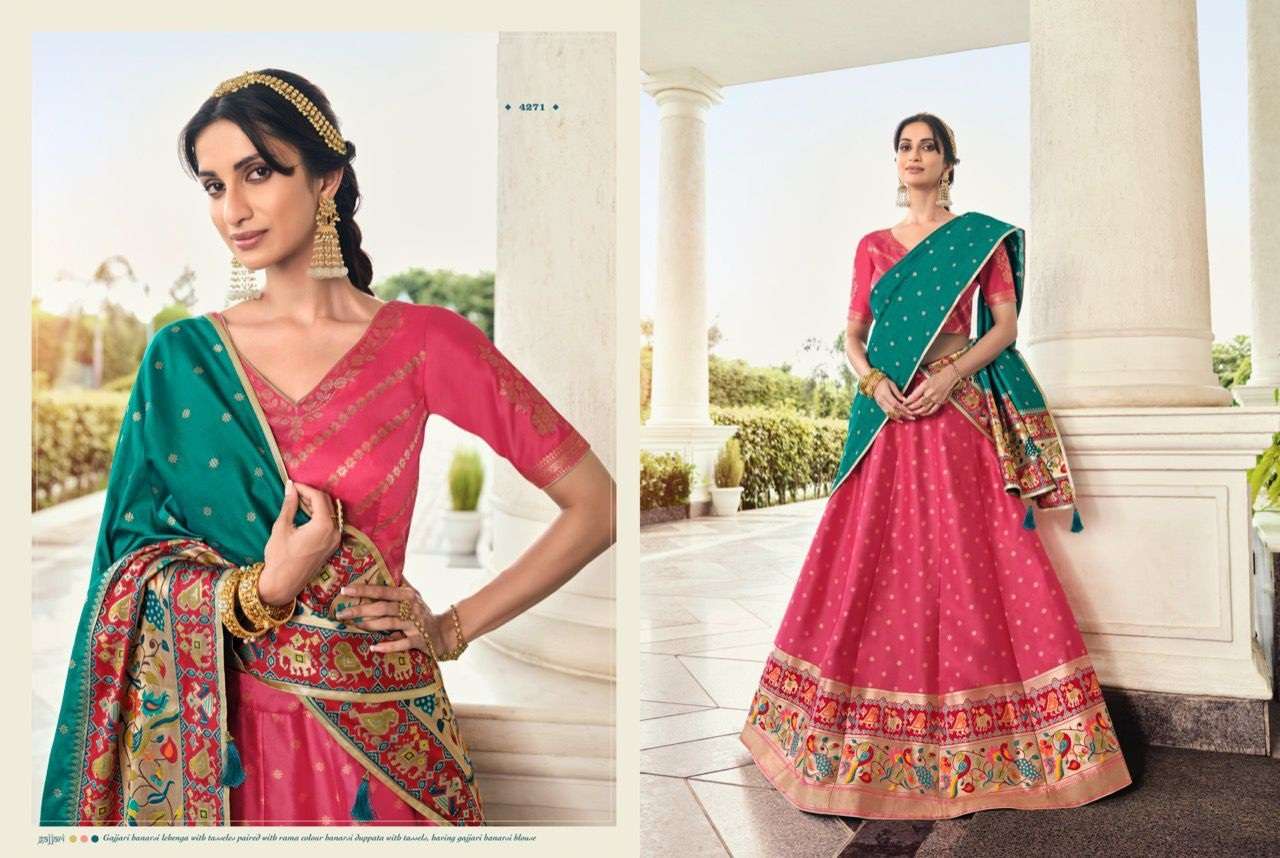 GAJARI PINK DESIGNER FANCY WEDDING PARTY WEAR BANARASI SILK LEHENGA CHOLI NAKASHI 4271